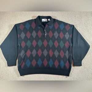 Vintage Florence Tricot Mens XXL Sweater Black Red Diamonds Italy Wool Knit